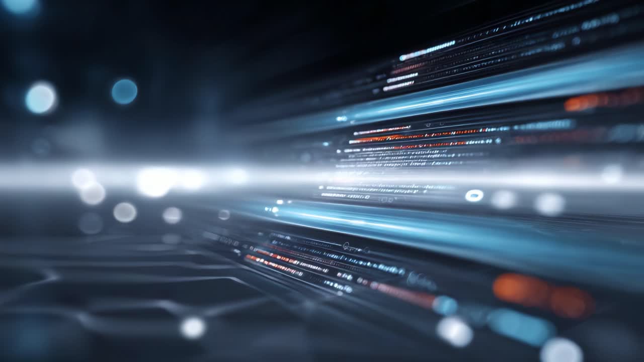Linee dinamiche di dati e scie luminose creano uno sfondo futuristico e tecnologico, enfatizzando velocità e modernità in un universo digitale