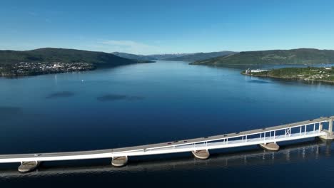 detail view of nordhordland bridge with beautiful osterfjord in background, norway