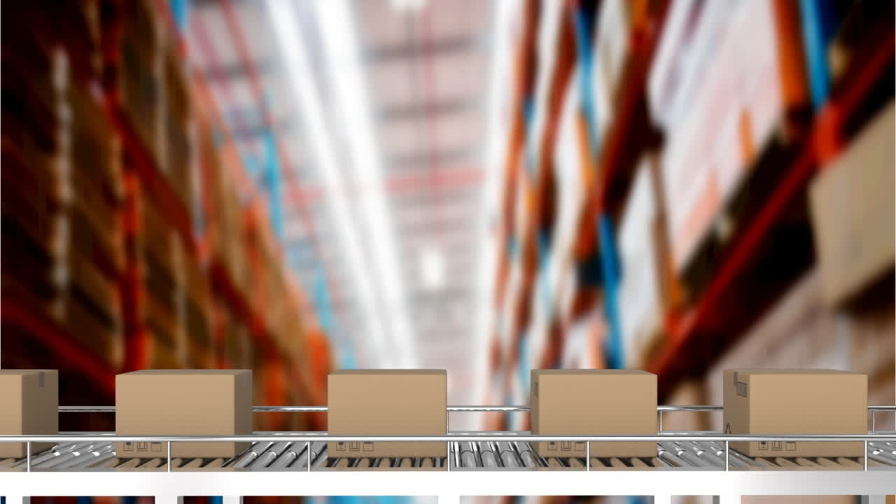 창고의 컨베이어 벨트에 있는 카드보드 상자의 애니메이션