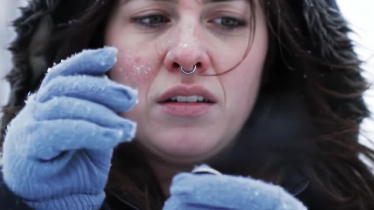 A contemplative moment in a snowy landscape, as a woman examines a small object in her gloved hands, showcasing the beauty and tranquility of winter's embrace