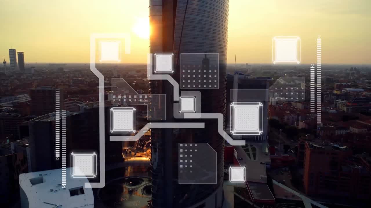 Animation of digital network sharing data over modern city at sunset