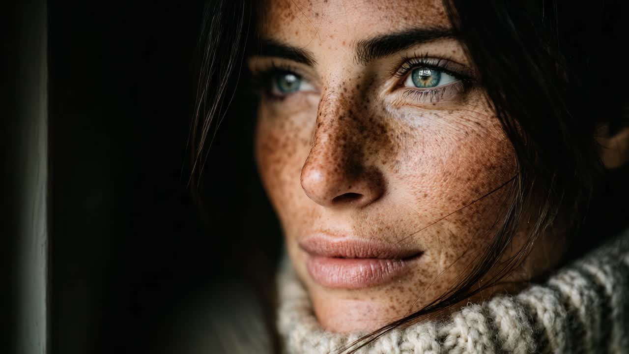 Captivating Portrait of a Young Woman with Freckles and Intense Gaze, Wrapped in Cozy Knitted Sweater, Evoking Emotions and Enhanced Beauty in Natural Light