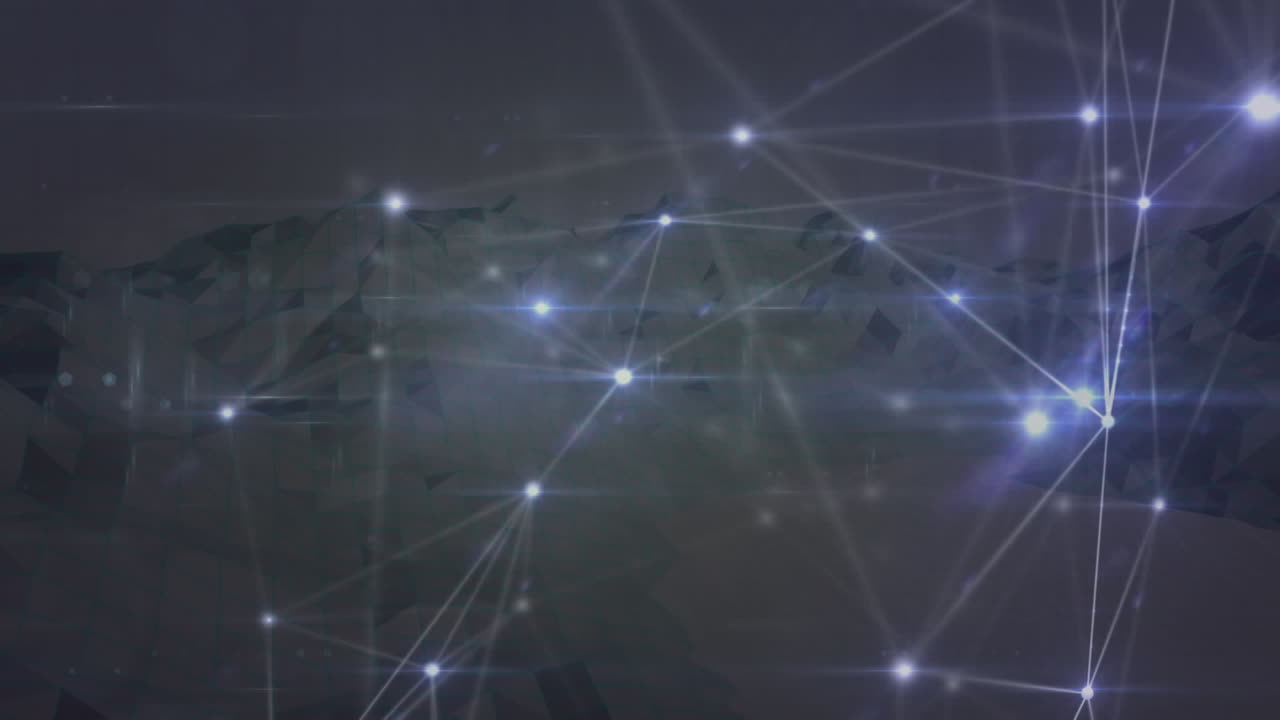 animación de redes de conexiones sobre montañas girando en el fondo