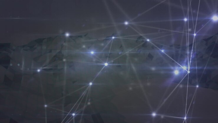 Animation of networks of connections over mountains spinning in background
