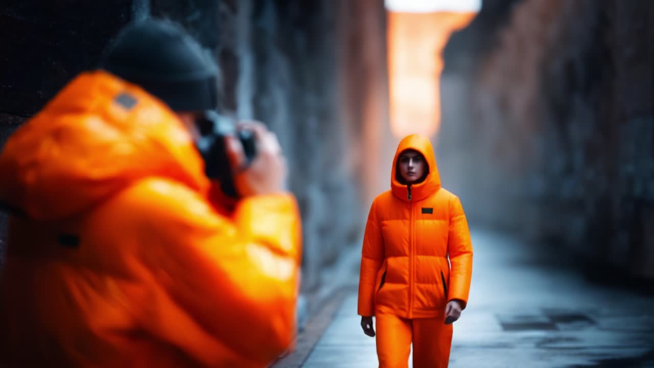 A fashion photographer captures a stunning model in a vibrant orange puffer outfit, set against a moody alley backdrop, showcasing creativity, style, and modern aesthetics