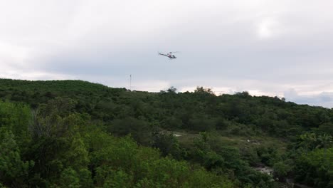 helicopter taking off from green island with cable and net attached to bottom