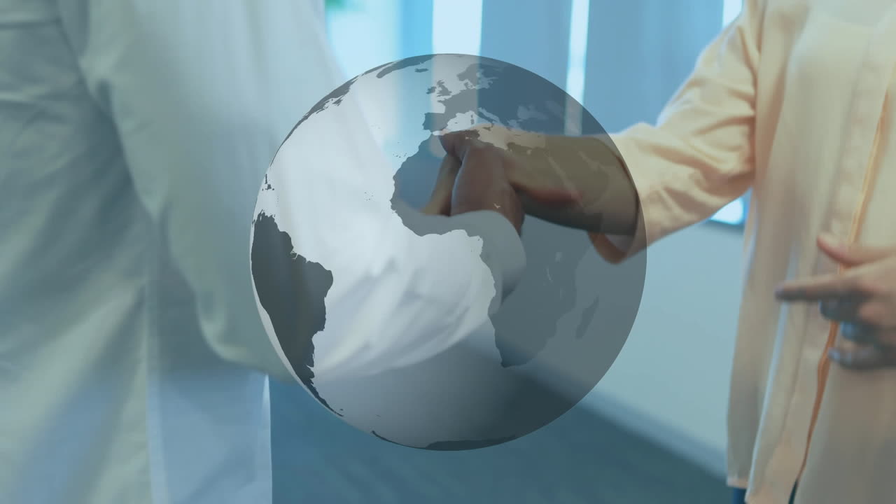 손을 흔들고 있는 남자 들 과 프로그램 코드 가 있는 지구