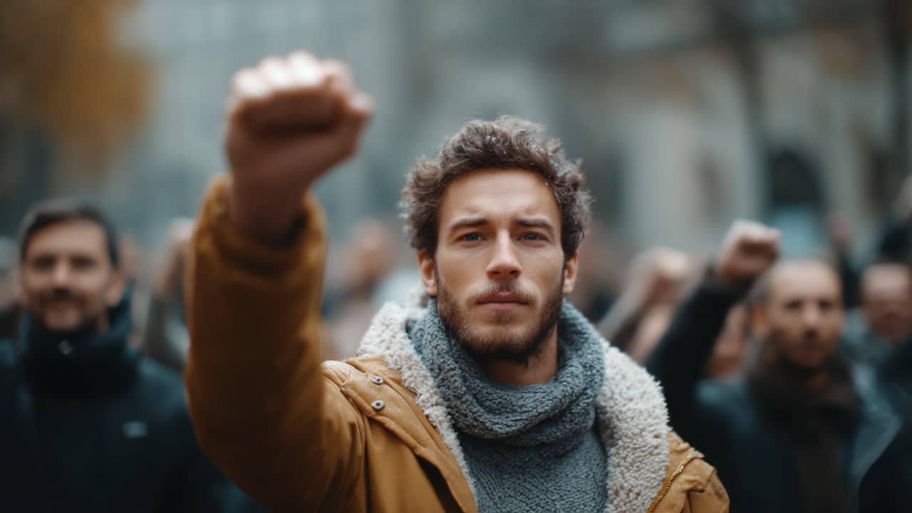A passionate individual raises his fist in solidarity during a rally, surrounded by a diverse group of supporters also expressing their determination for change