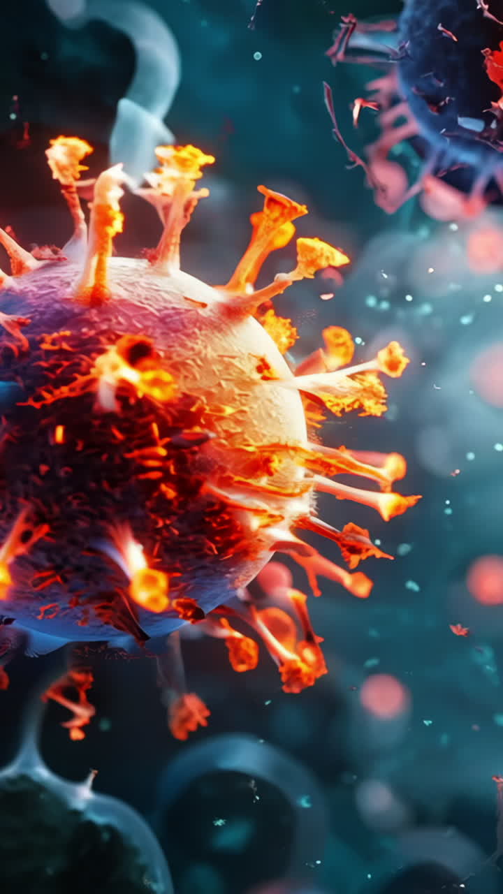 A close up of a virus with a red and orange color. The virus is surrounded by a blue background