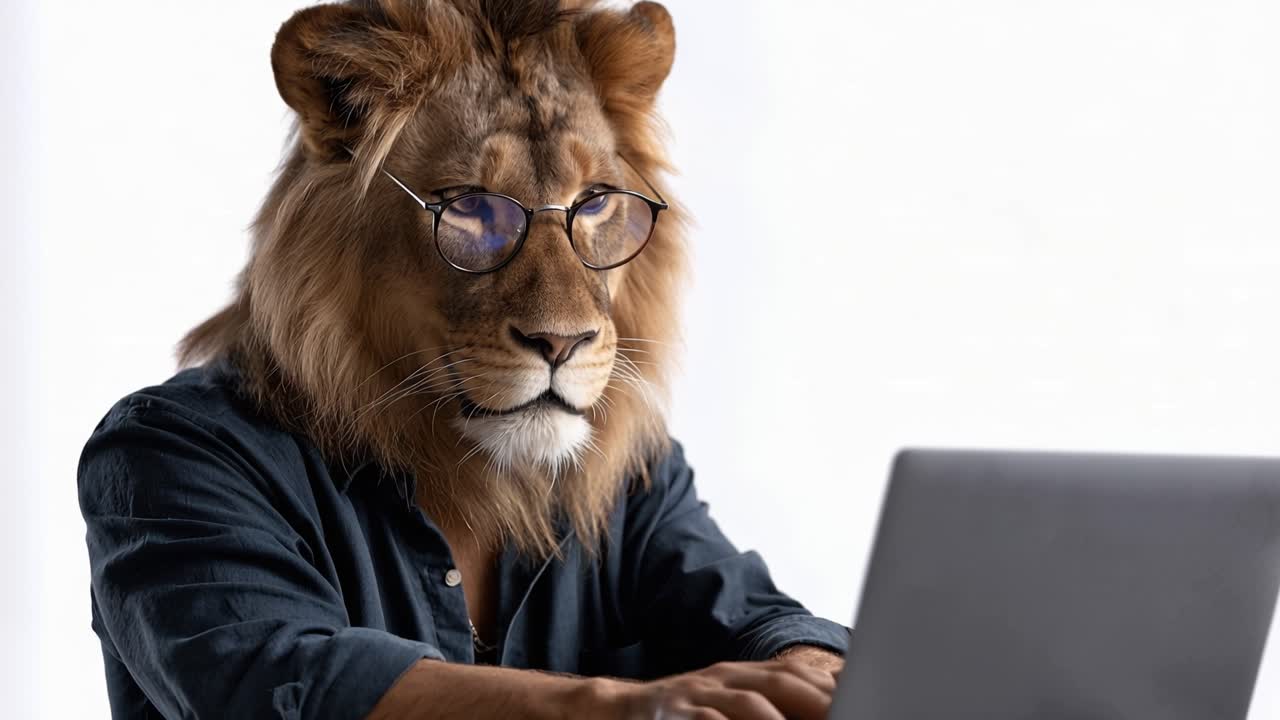Løve med briller, fokuseret på laptopskærmen. Han skriver med rolige hænder, klædt i mørk skjorte. Professionel aura, rolig og klog bag runde stel. Ideel til teknologi, forretning.