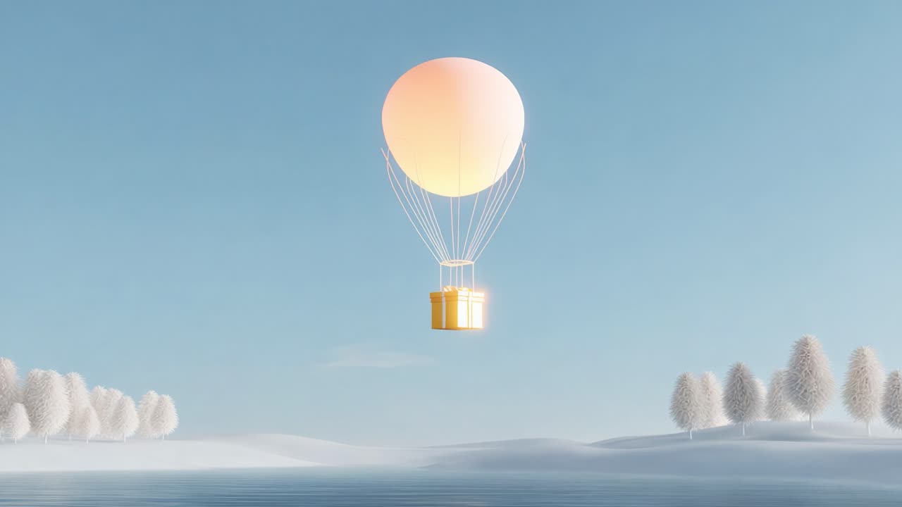 A Serene Journey: A Hot Air Balloon Floating Gracefully Over a Tranquil Winter Landscape, Capturing the Essence of Freedom and Adventure in a Dreamlike Setting Surrounded by Frosty Trees and a Calm Lake