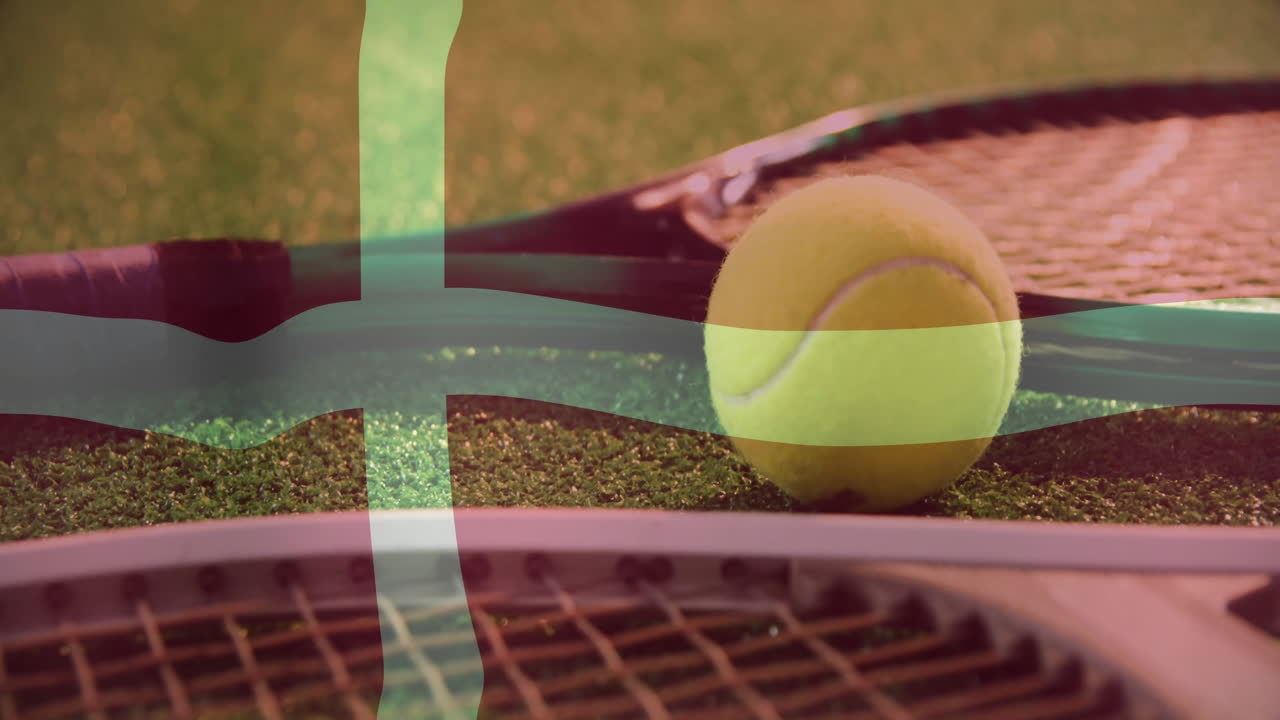 3D render showing yellow tennis ball resting on racket frame, rackets lying flat on grass court