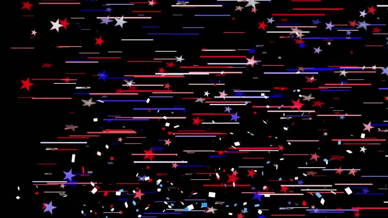 Colorful confetti falling against stars and lines in background