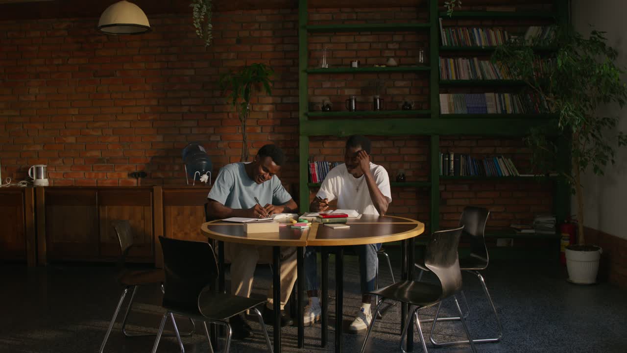 두 학생이 카페 같은 환경에서 함께 공부하고 있습니다.