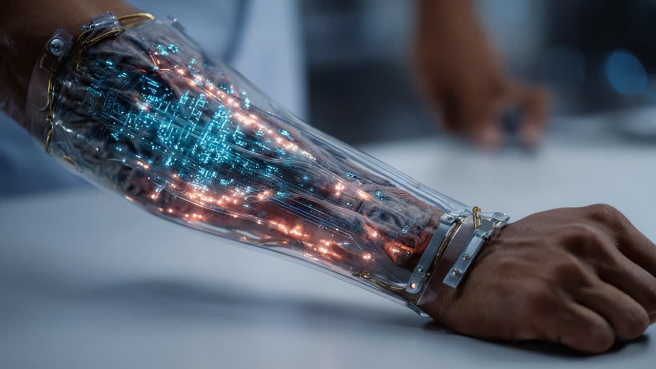 Futuristic Cybernetic Arm Enhancements Showcasing Advanced Technology and Biomechanics with Pulsating LED Lights and Intricate Circuitry Illustrating Seamless Integration of Man and Machine
