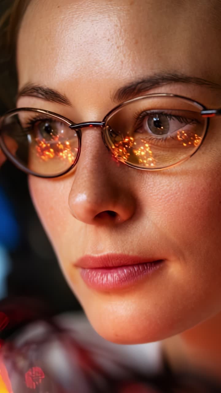 A Focused Young Woman with Glasses Capturing Lights Reflection in Her Eyes, Exuding Calm Concentration and Introspection in a Thought-Provoking Moment