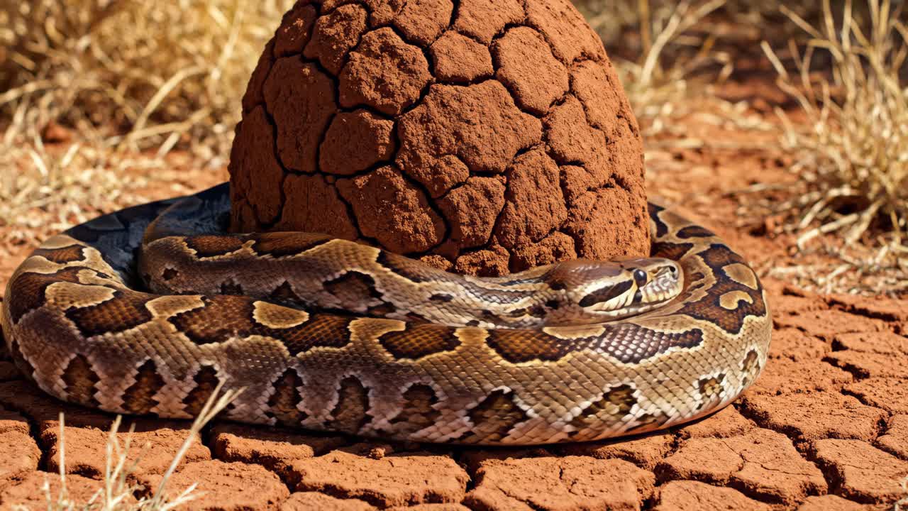 A python resting near an anthill