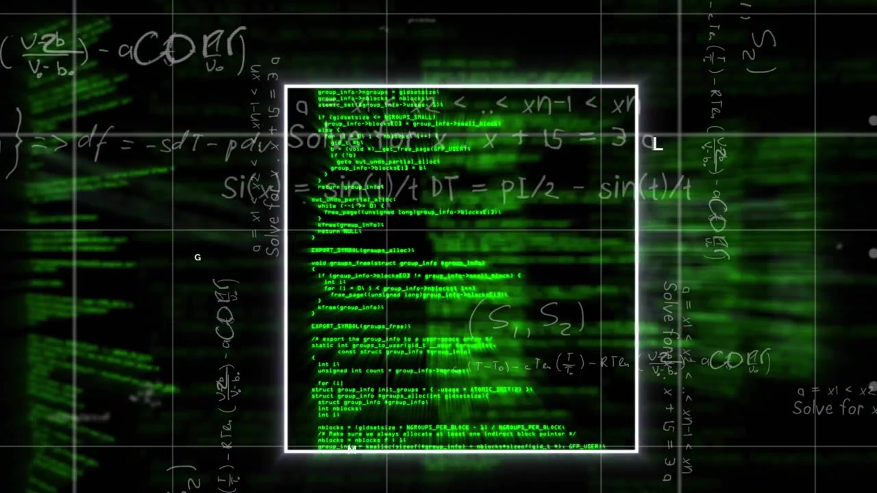 Mørkt gitter igangsætter kaskaderende neonkode, fletter matematik, fejlbehæftet skærm illustrerer dataflow.