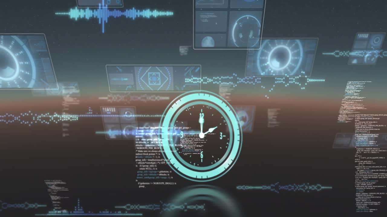 Neon digital clock ticking against multiple round scanners and data processing on blue background