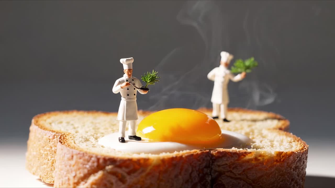 미니어처 요리 동상들은 빛이 은 이 달린  김 위에 전략적으로 배치되어 중립적인 회색 배경에 대해 장난스러운 요리 내러티브를 만니다.