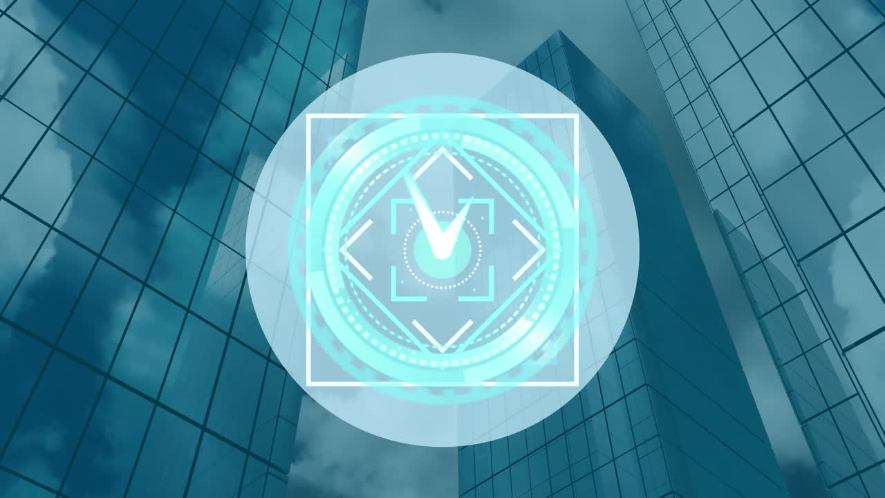 animación de escaneo de alcance con reloj sobre el paisaje urbano