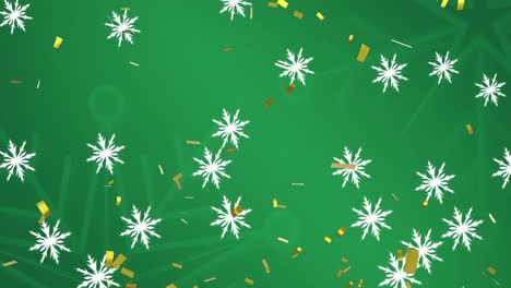 Animation-of-falling-snowflakes-and-confetti-on-green-background