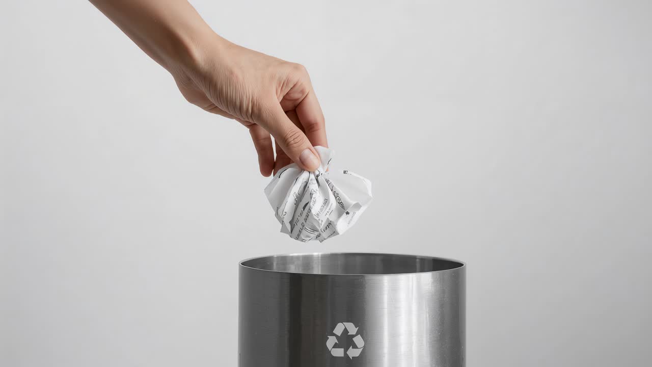 Entrando da destra, una mano deposita un foglio di carta appallottolato in un contenitore di riciclaggio in acciaio presso una parete grigia per il riciclo