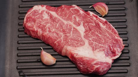 Fresh marbled beef with pepper, salt and rosemary close-up macro. Preparation to cook juicy steak on grill. Premium organic raw wagyu meat. High quality 4k footage