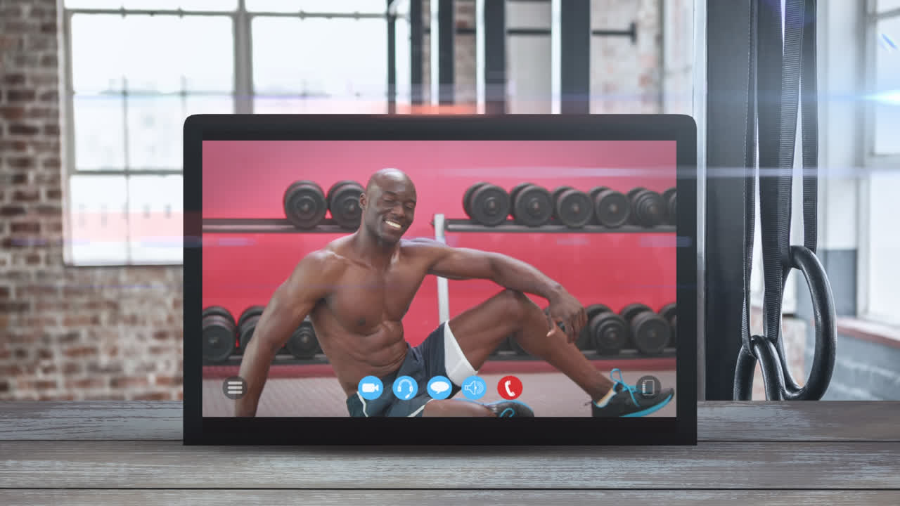 Animação de tablet mostrando um homem afro-americano se exercitando. Coronavírus se espalhando