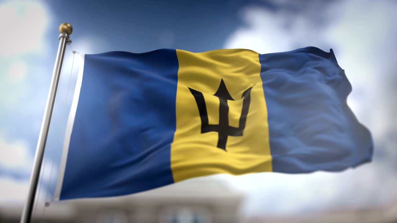 la bandera de barbados ondeando en cámara lenta 3d con fondo de cielo azul - bucle sin costuras 4k
