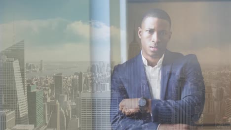 Animation-of-african-american-businessman-over-cityscape