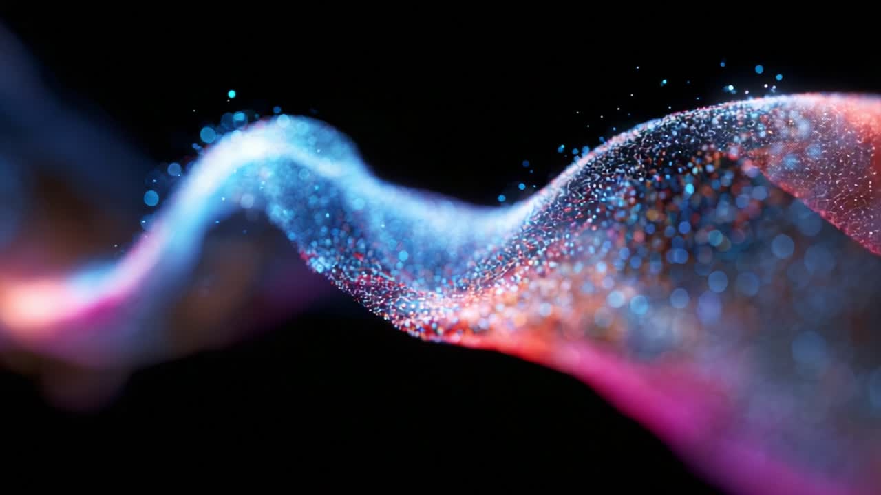 A Vibrant Flow of Light and Color: Captivating Waves of Glimmering Particles Dancing Gracefully Against a Dark Background, Evoking a Sense of Motion and Elegance