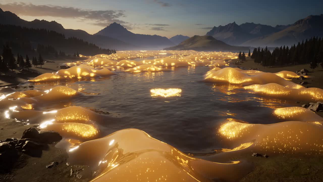 Goldene Hügel bilden zentrale Herzringe, die sich in der Dämmerung auf dem See ausdehnen und einen warmen Schein erzeugen