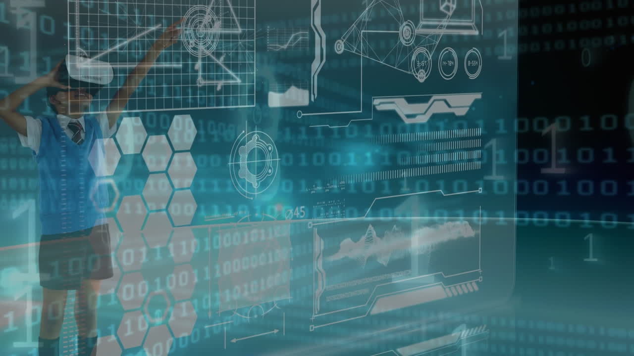 animación de código binario que se mueve sobre la pantalla con diversos datos y un niño que usa auriculares vr