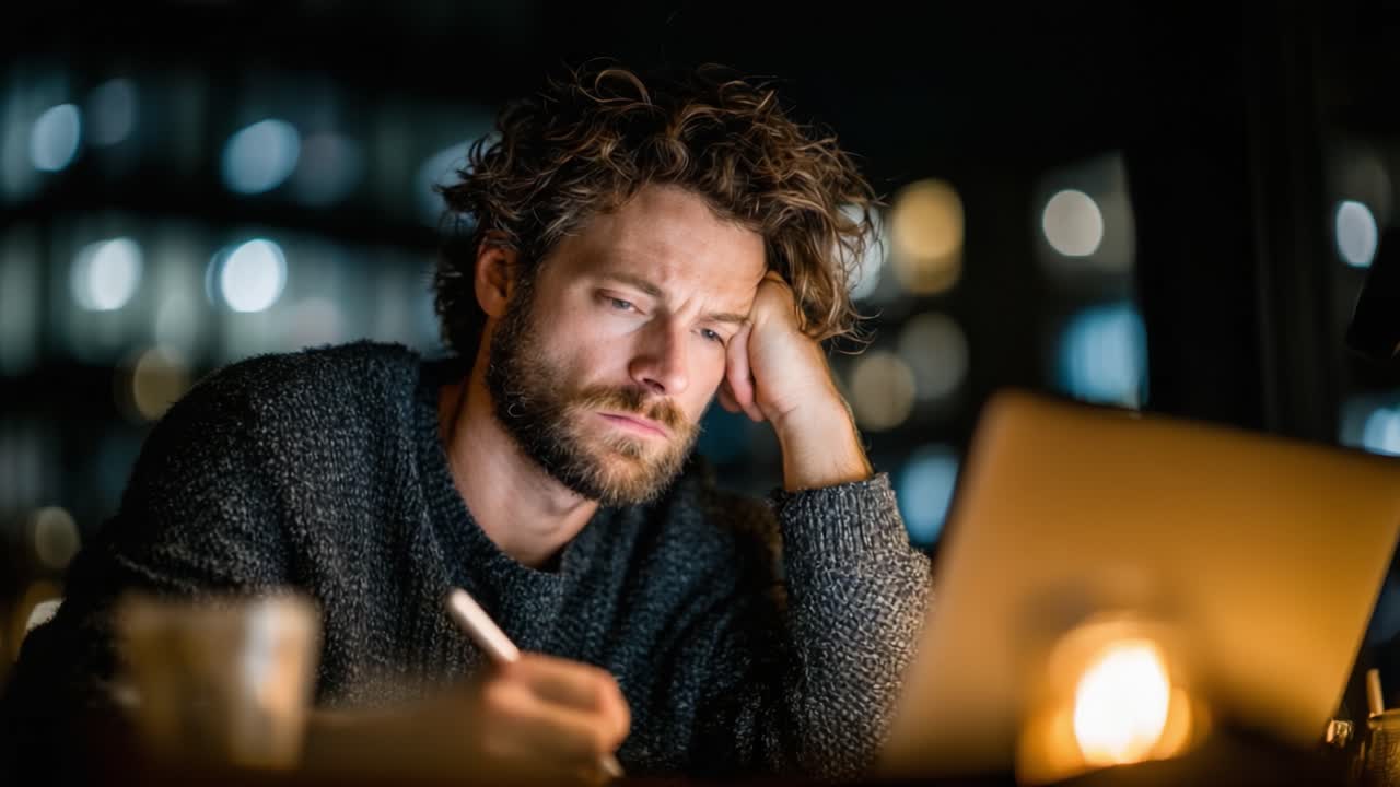 A Deeply Focused Man Contemplates His Work Late at Night, Surrounded by the Soft Glow of a Lamp and the Reflection of City Lights in the Background