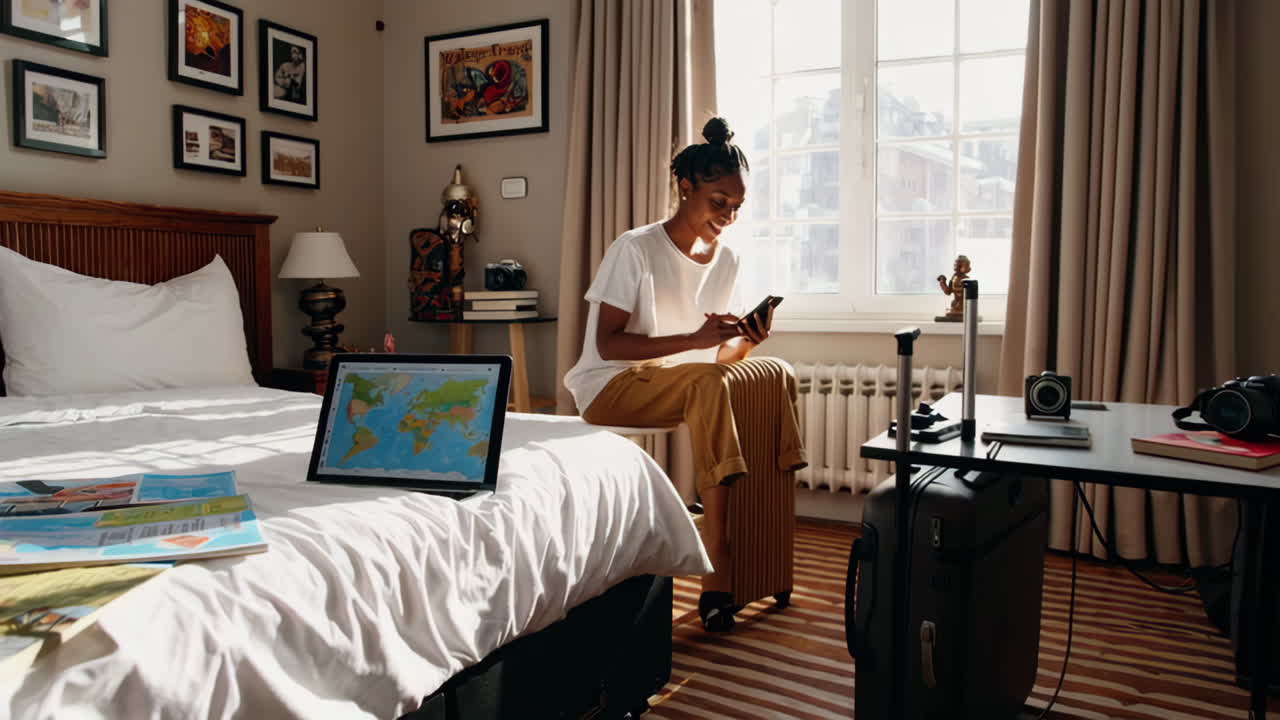 Woman in Hotel Room Planning Trip