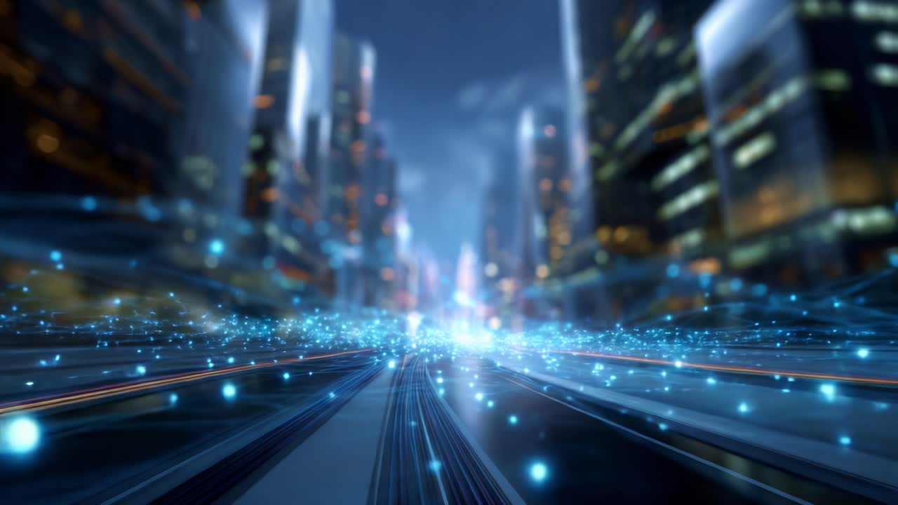 A futuristic urban landscape showcasing a dynamic city with shimmering lights and streaks of vibrant colors illuminating the bustling streets at night