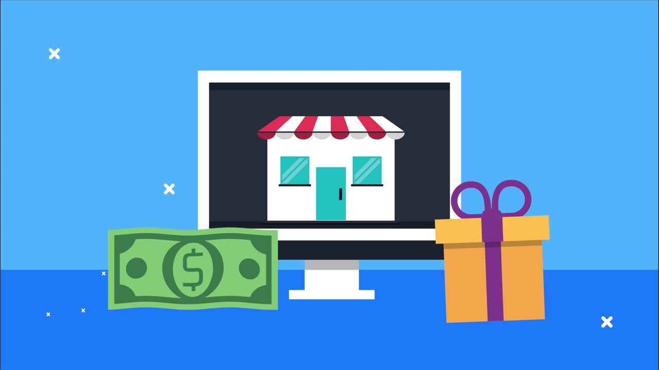 dispositivo de escritorio con dólares y tecnología de comercio electrónico de construcción de tiendas