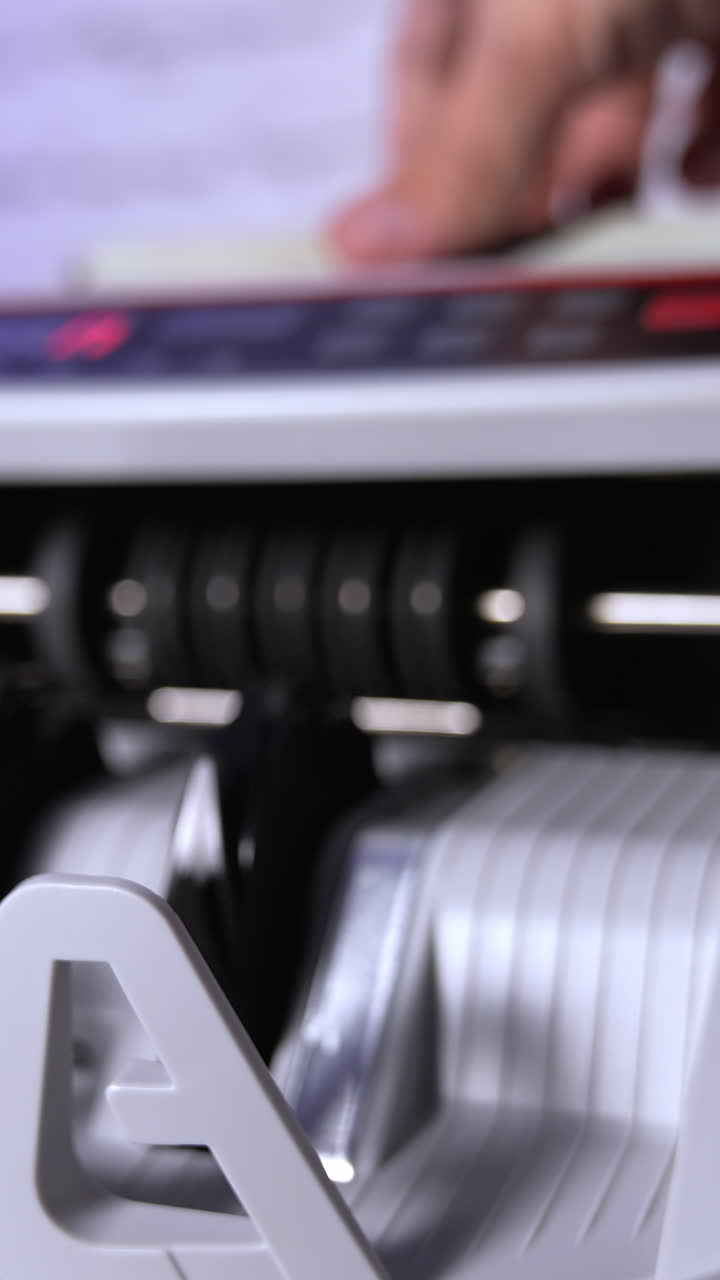 Electronic machine counting hundred dollar bills. Modern automatic equipment for counting paper currency. Money counting machine for banking and commercial activity. Slow motion. Vertical video