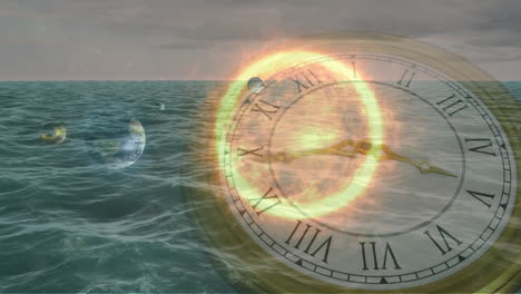 animation of solar system, planets and space over sea and clock ticking