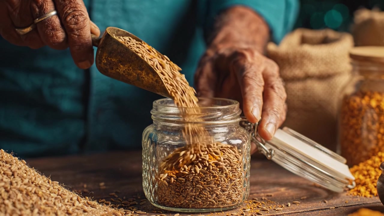 A Close-Up of Hands Measuring and Pouring Spices from a Scoop into a Glass Jar, Displaying the Art of Cooking and the Rich Textures of Spices and Ingredients.