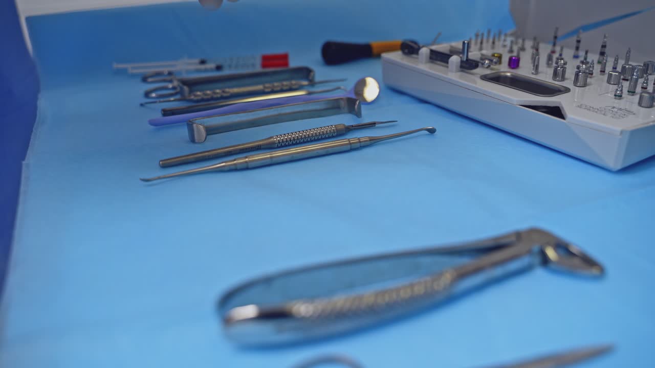 Dentist tools in dental office. Close up view of preparation of dental instruments before work