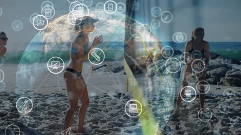 animación de círculos con icono de computadora alrededor del globo sobre amigas jugando voleibol en la playa