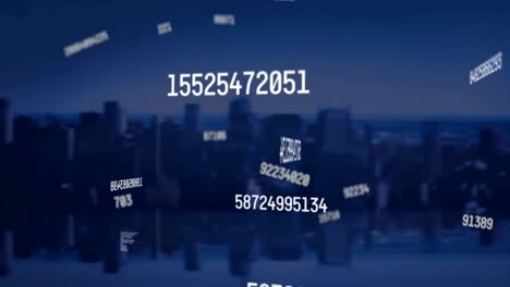 Animation-of-multiple-changing-numbers-floating-against-aerial-view-of-cityscape