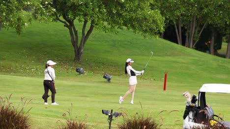 golfer swings and hits the ball on a course.