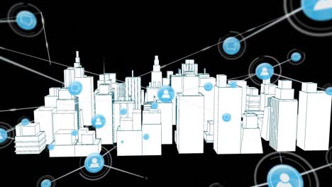 animation of network of connections with icons over 3d architectural drawing of city in background