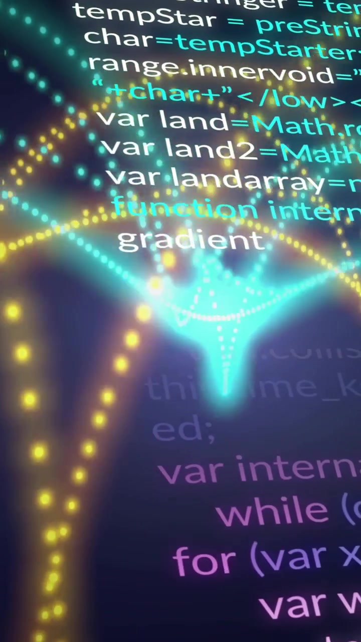 Vertical video: Teal flare pulsing, gold strands forming arches as code scrolling showing data flow
