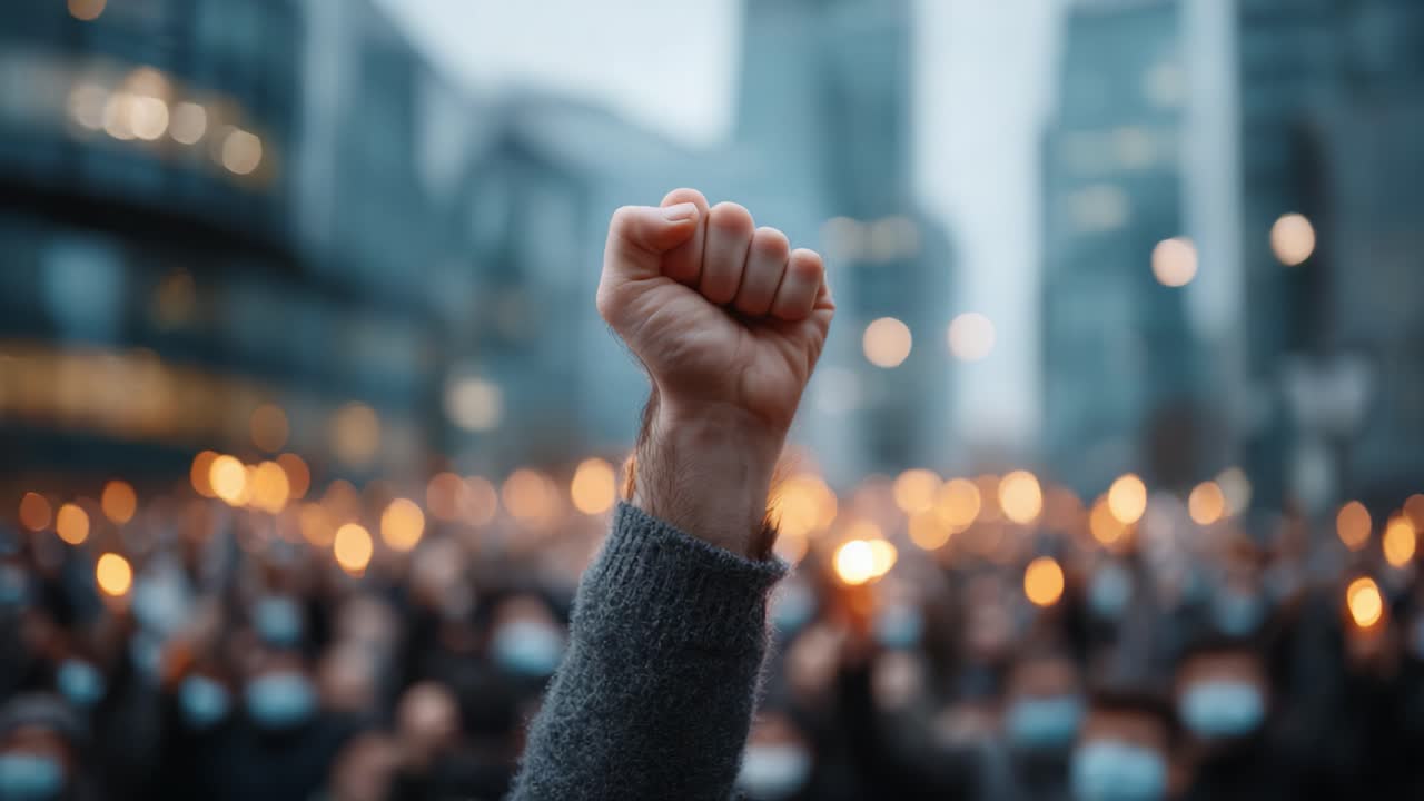 A Symbol of Unity and Strength: A Raised Fist in Defiance Amidst a Crowd Holding Lights During a Demonstration or Vigil in an Urban Landscape