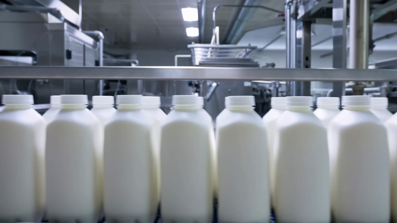 Rows Of Milk Bottles On Conveyor In Sterile Dairy Factory, Stainless Steel Filling Machines And Piping,