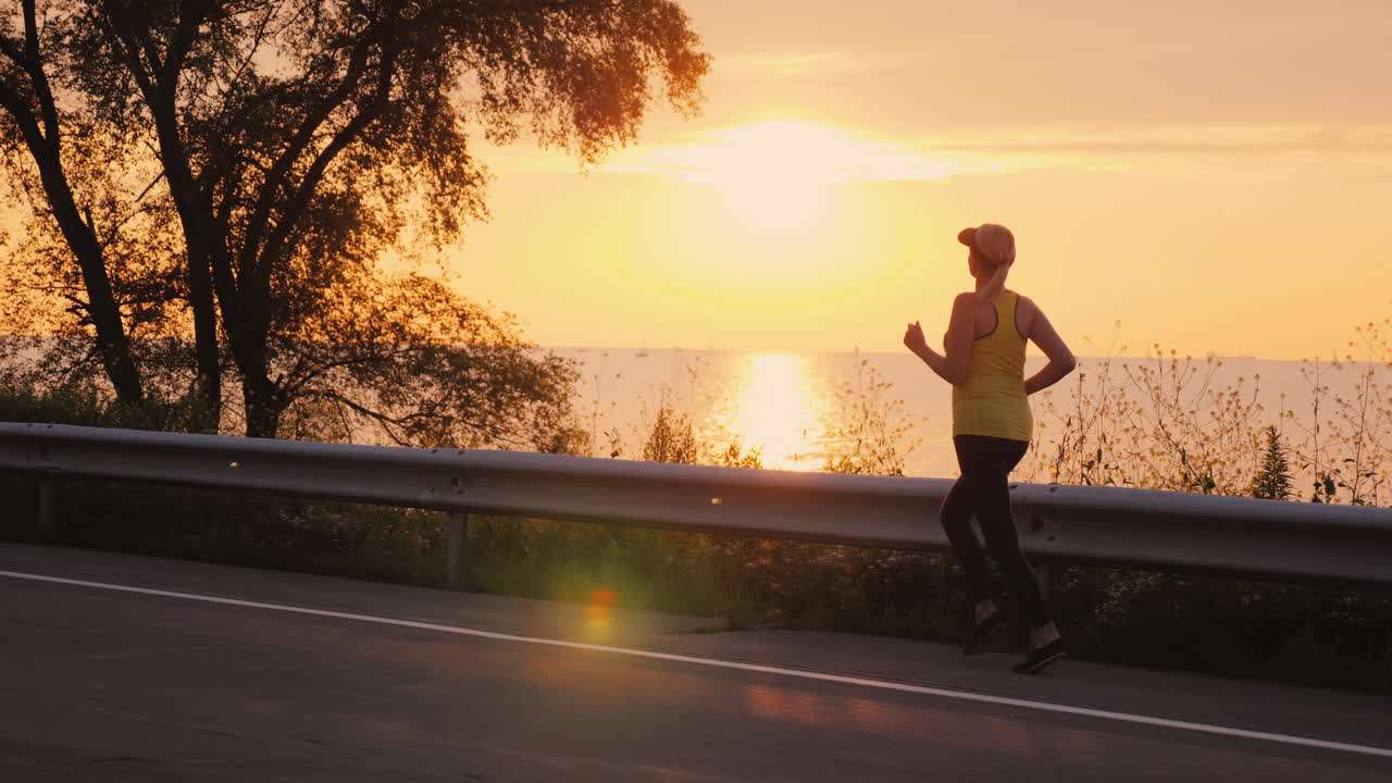 mujer hace un trote nocturno a lo largo de la carretera a lo largo del lago steadicam seguir tiro